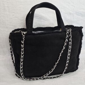Chanel Black Suede Shearling Fur Tote Bag Shoulder Chain Strap Travel Leather